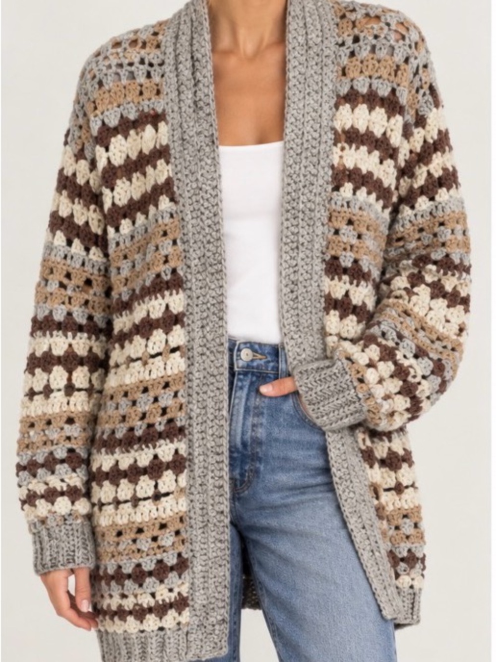Cozy Multi-Stripe Crochet Cardigan Sweater - Gray, Cream & Brown